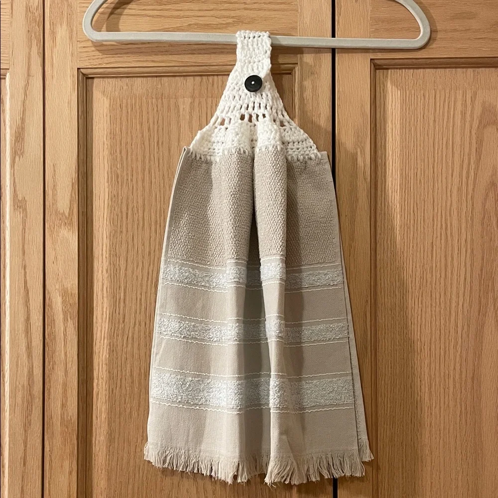 New Hanging Hand Towel Crocheted Top Kitchen Towel Tan Button Closure
